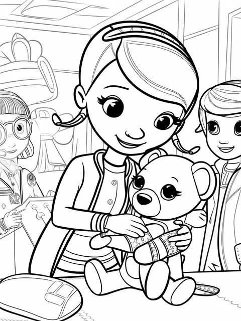 Doc mcstuffins bandaging a teddy bear, a coloring page illustration