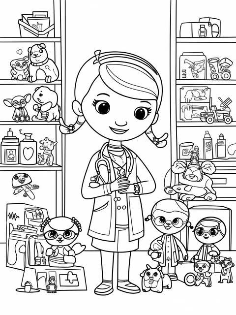 Doc mcstuffins coloring page featuring doc and her toy friends in a clinic