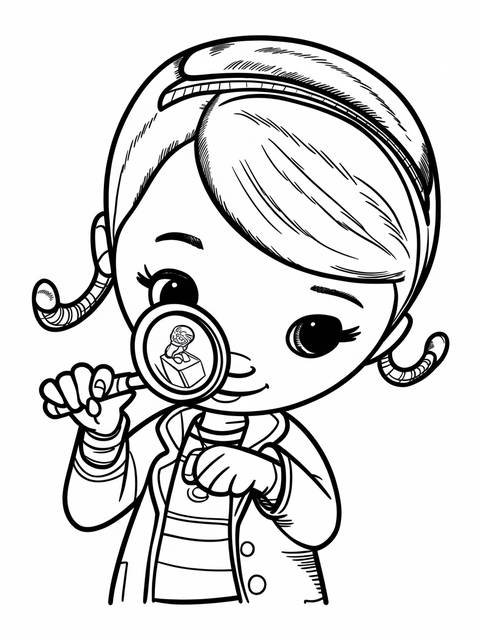 Doc mcstuffins looking through a magnifying glass, from the doc mcstuffins cover