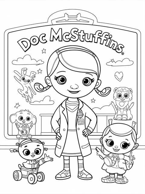 Doc mcstuffins coloring page featuring doc and her toy friends at the clinic