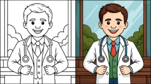 Doctor coloring page: a two-panel image depicting a smiling doctor with a stethoscope