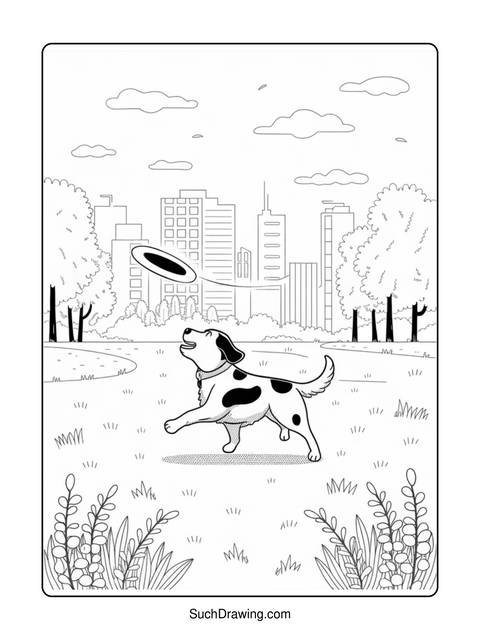 A black and white drawing of a dog catching a frisbee in a park