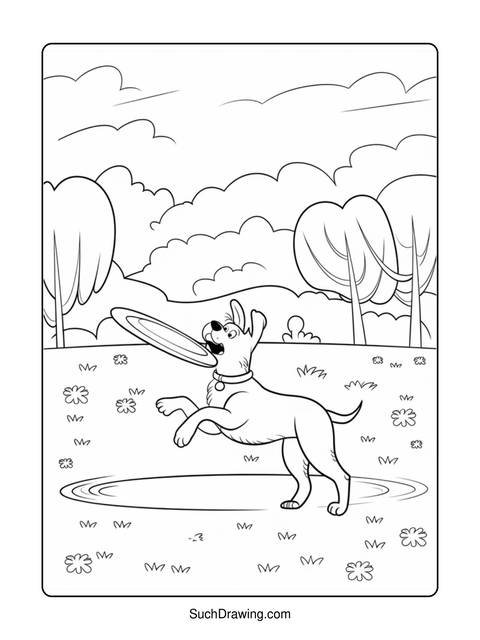 A dog jumping to catch a frisbee in a park coloring page