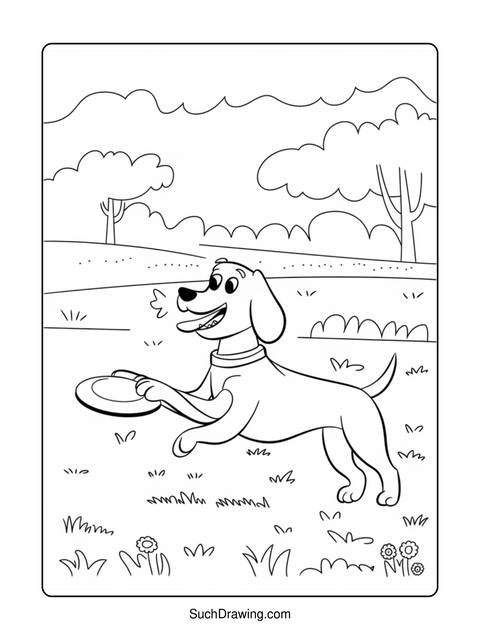 A dog playing fetch with a frisbee in a park-like setting