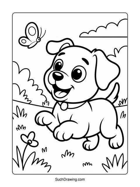 Black and white coloring page of a happy puppy with a butterfly