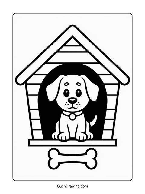 A cute dog sitting in its doghouse, with a bone below