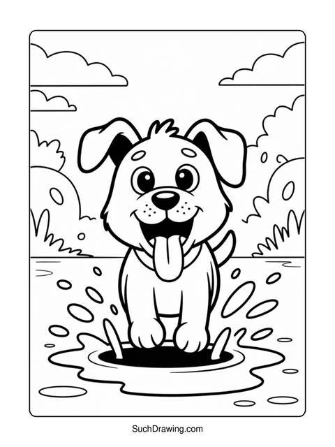 Black and white coloring page of a happy dog splashing in a puddle