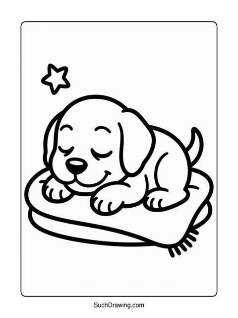 A sleeping puppy on a pillow with a star in the background