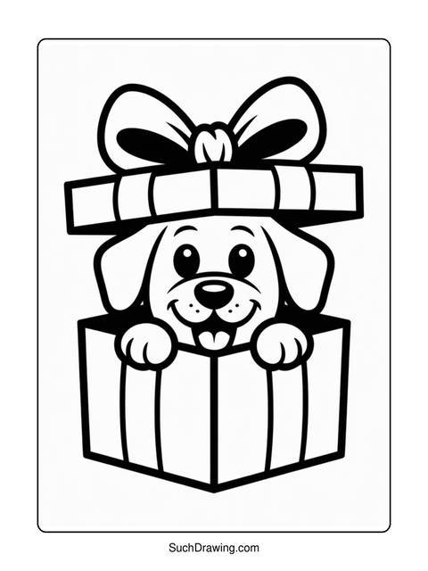A cute puppy popping out of a gift box with a big bow on top
