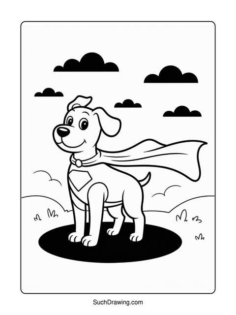 A superhero dog wearing a cape and emblem, standing on a black circle