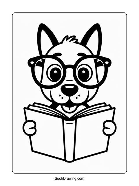 A dog wearing glasses reading a book, a black and white coloring page