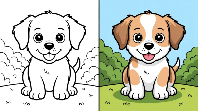 Dog coloring page: a cute puppy with brown and white fur, smiling