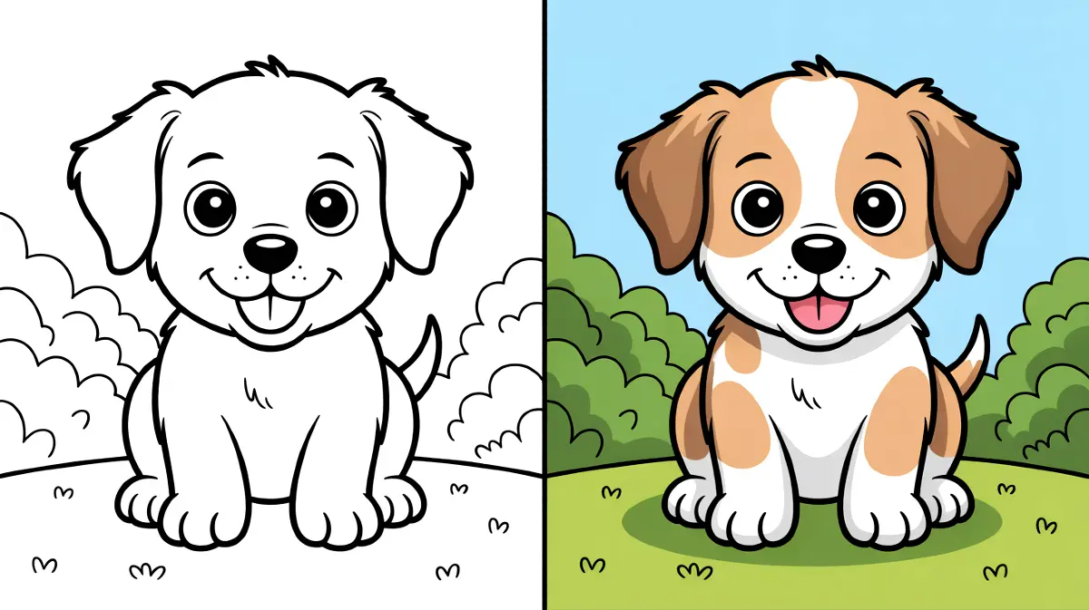 Dog coloring page: a cute puppy with brown and white fur, smiling
