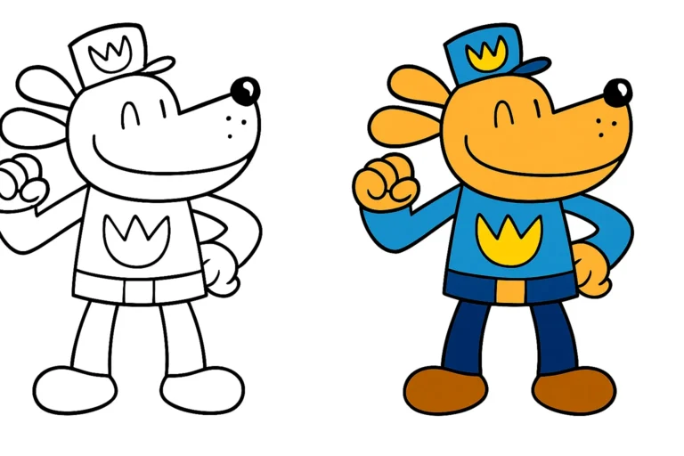 Dogman coloring page: a smiling dog character in a police uniform