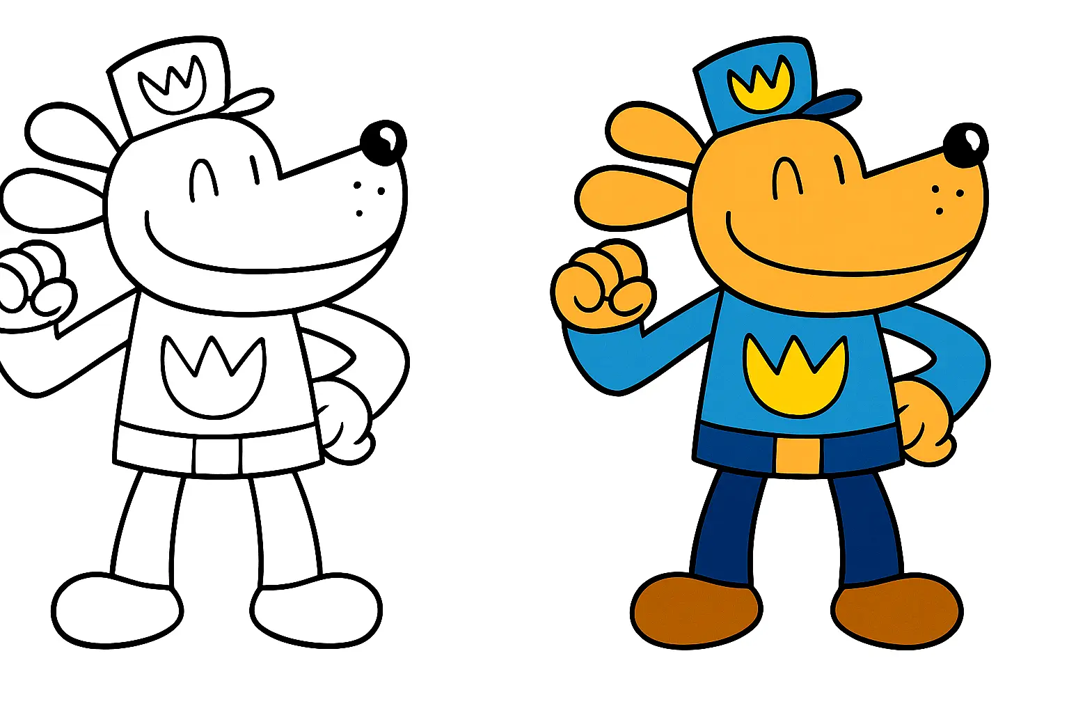 Dogman coloring page: a smiling dog character in a police uniform