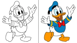 Donald duck coloring page: a two-panel illustration of the famous cartoon character