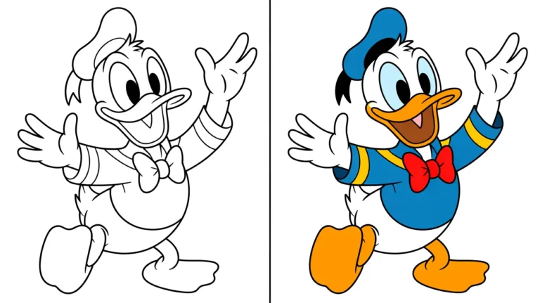 Donald duck coloring page: a two-panel illustration of the famous cartoon character