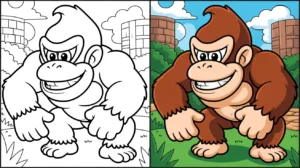 Donkey kong coloring page: a two-panel image, one colored, one black and white