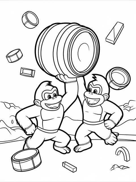 Donkey kong and diddy kong holding a barrel, a coloring page