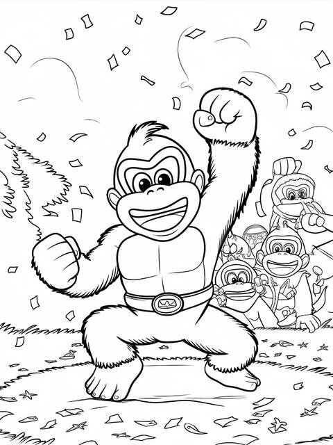 Donkey kong celebrating with fist raised, surrounded by other donkey kong characters