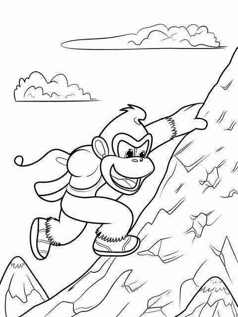 Donkey kong climbing a mountain, a coloring page illustration