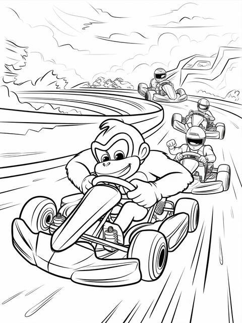 Donkey kong in a racing kart, leading a race with other racers on a track