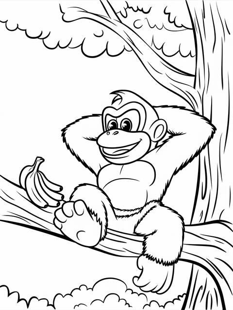 Donkey kong lounging on a tree branch with bananas, a coloring page