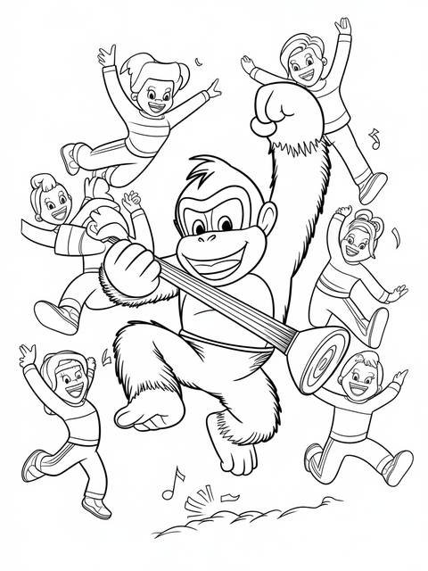 Donkey kong playing a musical instrument with children, a coloring page