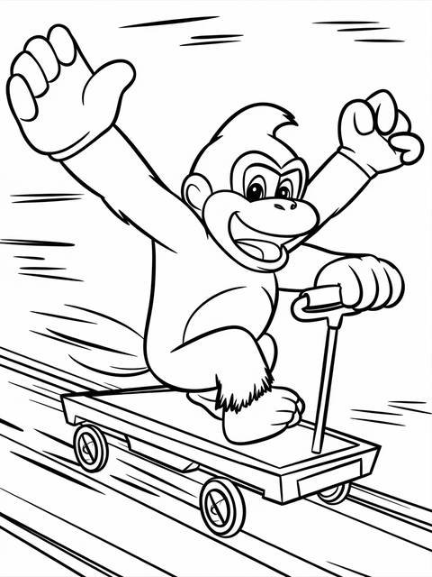 Donkey kong riding a mine cart, arms raised in excitement; a coloring page