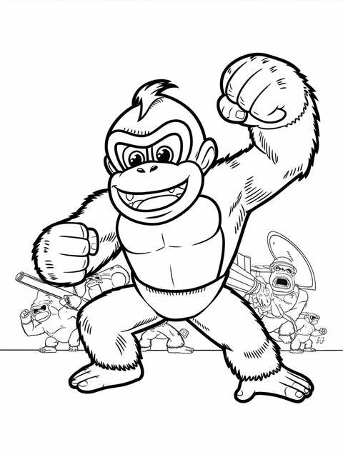 Donkey kong standing in a fierce pose, ready for action, with other characters