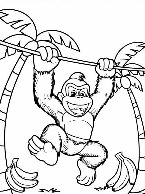 Donkey kong swinging from a vine, with bananas and palm trees in a coloring page