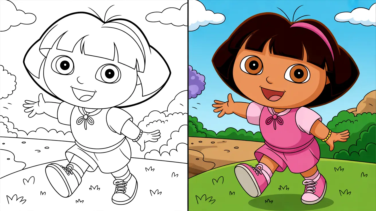 Dora the explorer coloring page, featuring a two-panel image of dora