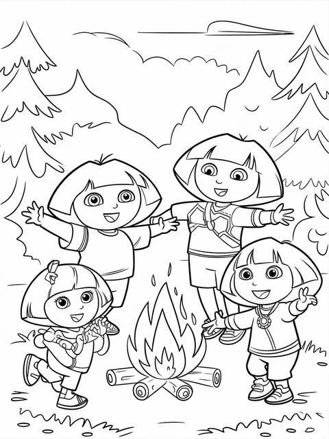 Dora the explorer and friends around a campfire, a coloring page scene