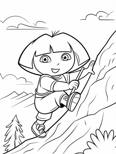 Dora the explorer climbing a mountain, depicted in a black and white coloring page