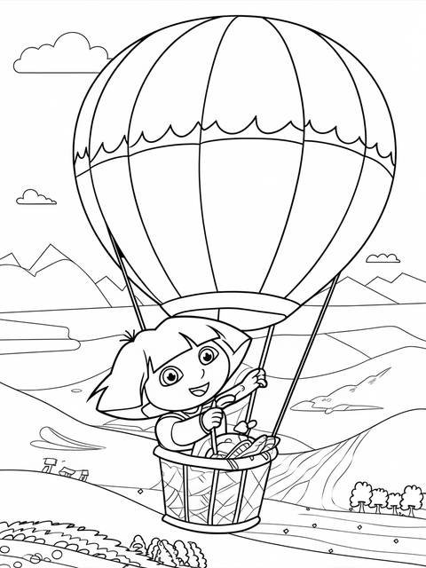 Dora the explorer flying in a hot air balloon coloring page, smiling happily