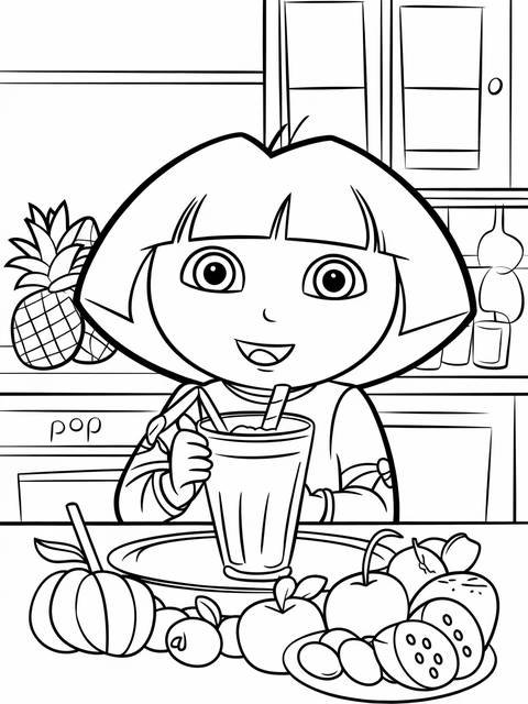 Dora the explorer making a smoothie, surrounded by fruits, ready to drink