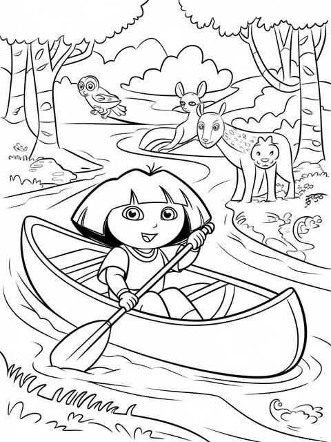 Dora the explorer navigates a river in a canoe, with animals in the background