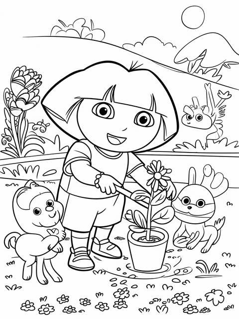 Dora the explorer planting flowers with her friends in a coloring page illustration