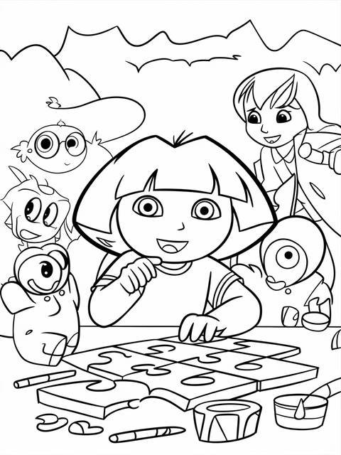 Dora the explorer solving a puzzle, surrounded by friends, in a coloring page