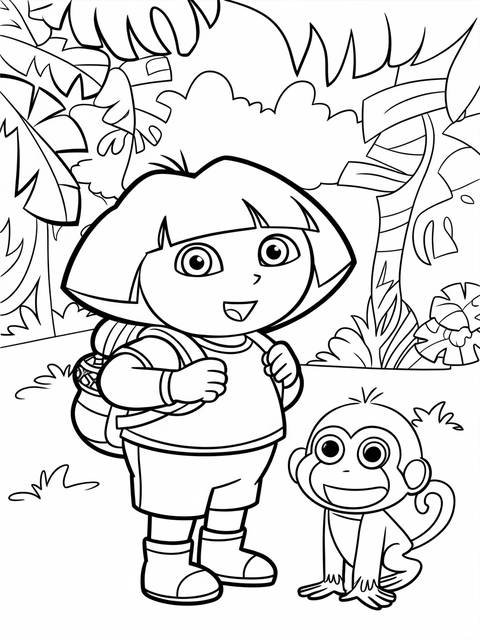 Dora the explorer with a monkey, from a coloring page cover illustration