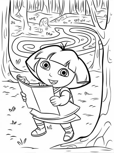 Dora the explorer using her map in a forest setting, ready for an adventure