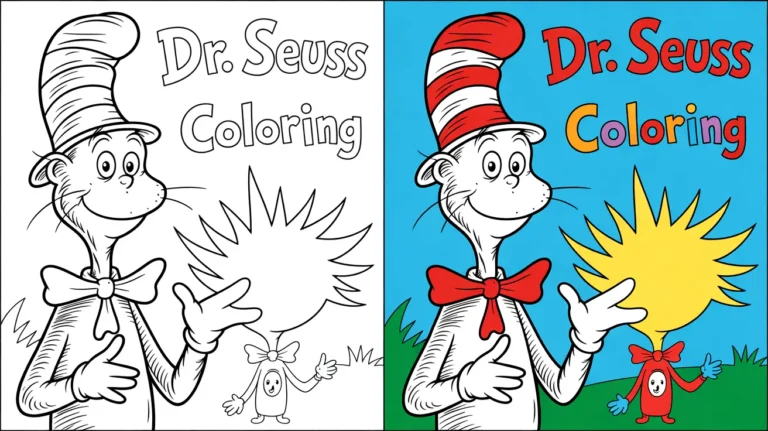 Dr. seuss coloring page featuring the cat in the hat, in two panels