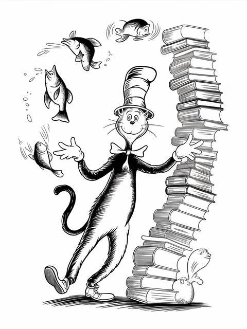 The cat in the hat balancing fish and books from a dr. seuss cover