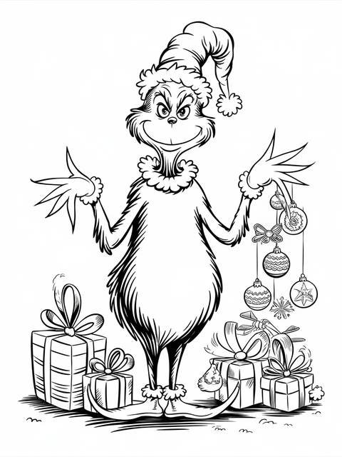 Line art of dr. seuss's grinch, holding ornaments, surrounded by gifts