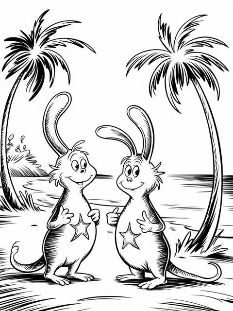 Dr. seuss's sneetches on the beach, two characters with stars, under palm trees