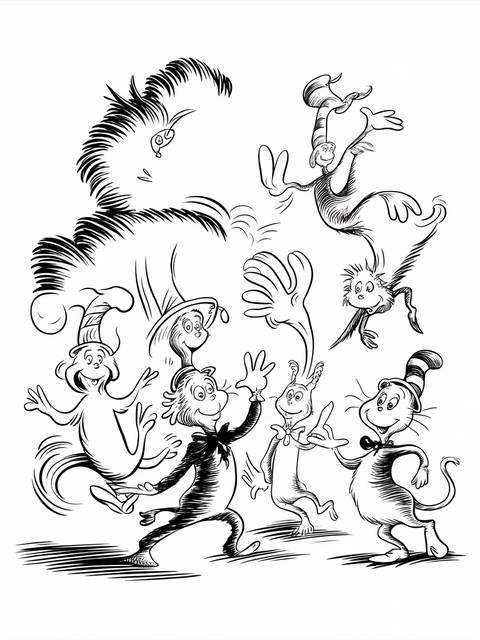 Line art of characters from dr. seuss's the wubbulous world, dancing and interacting