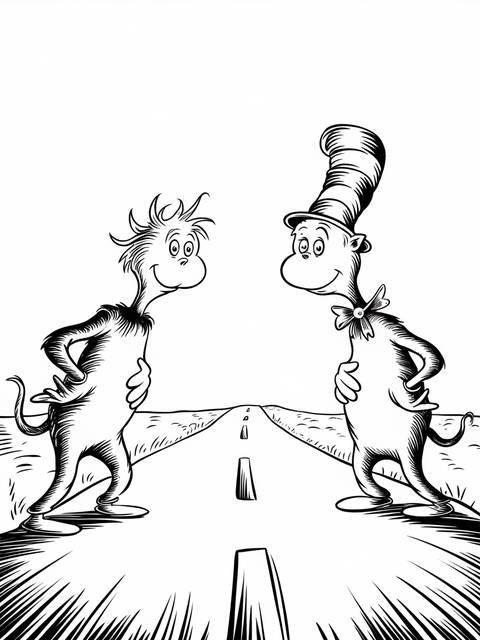 Dr. seuss's zax characters facing each other on a road, ready to clash