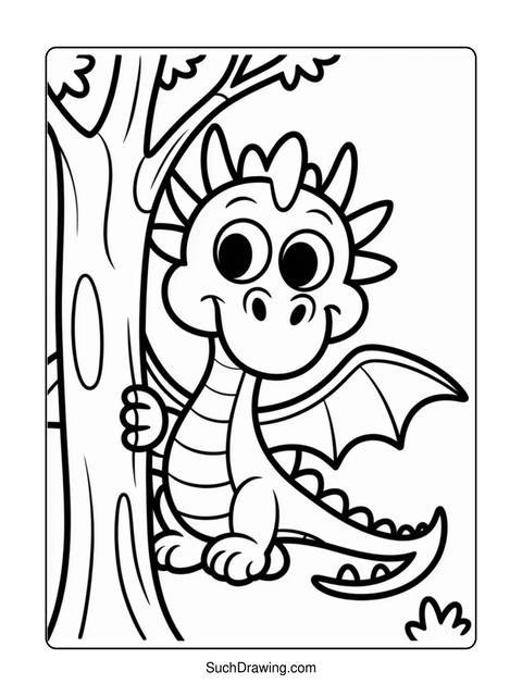 Black and white coloring page of a friendly cartoon dragon near a tree