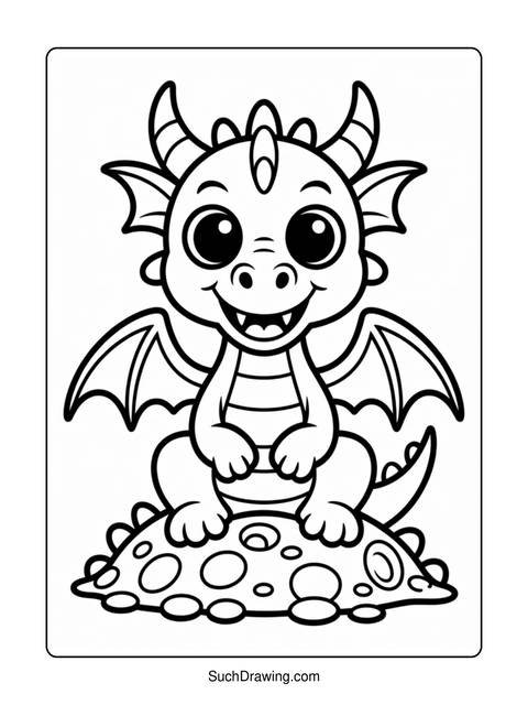 A cartoon dragon with large eyes, wings, and horns, sitting on a rock