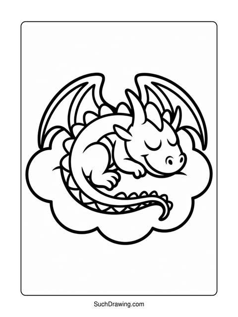 Line art of a sleeping dragon on a cloud, ready for coloring